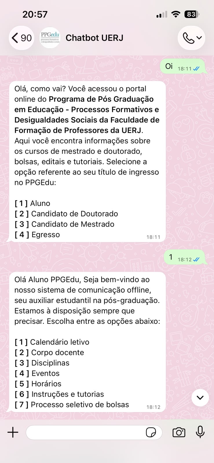 Screenshot Chatbot UERJ: atendimento digital para alunos e egressos do PPGEdu