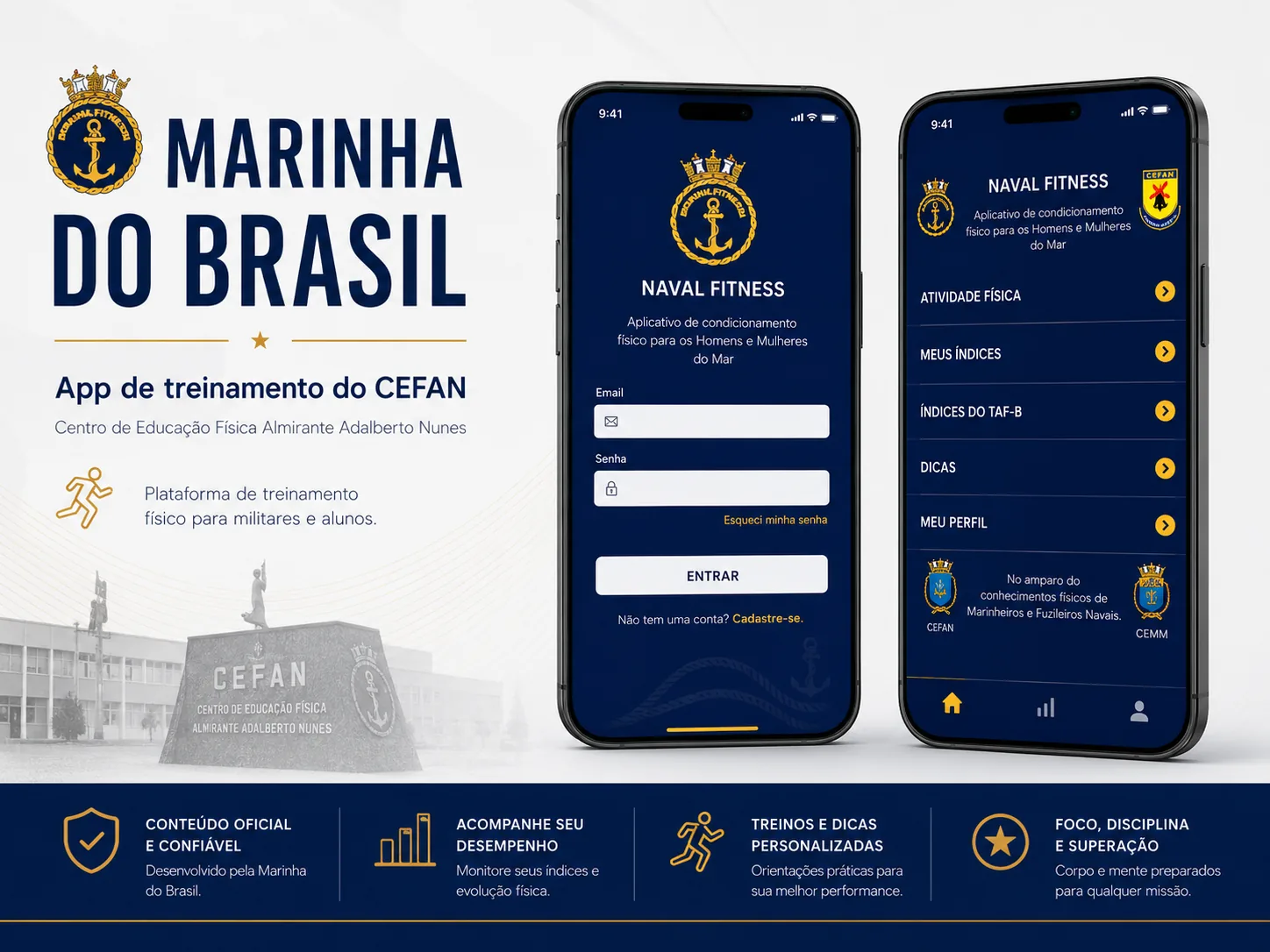 App de treinamento físico da Marinha do Brasil exibido em telas de celular